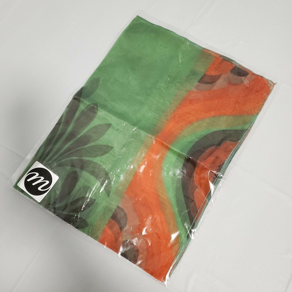 M Paris Silk Scarf Made in France Green Orange Floral Abstract Square Scarf
